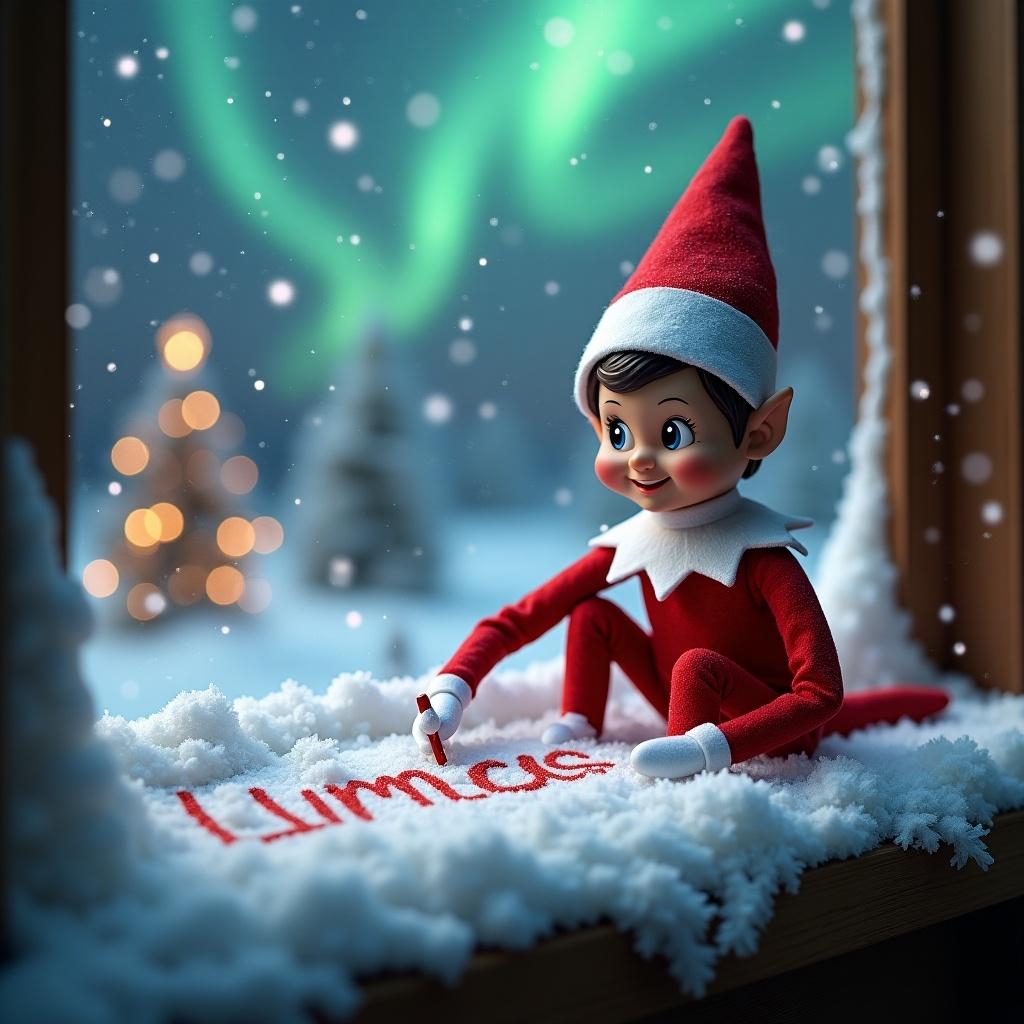 Elf on the shelf in a red outfit writes in the snow. The elf smiles. Background shows northern lights and snow-covered landscape. Scene captures festive holiday spirit.