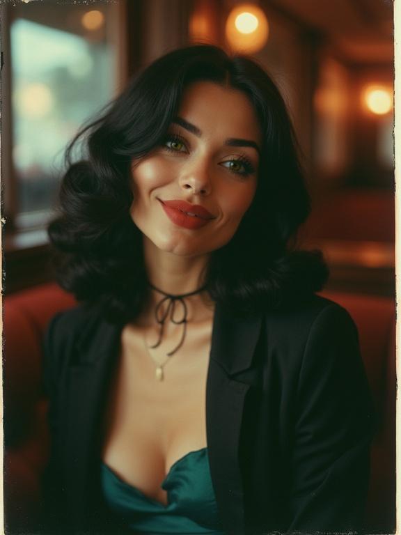 A candid close-up photo with film grain of a beautiful woman tilting her head to the right looking at the camera with allure. She has styled black hair over one eye in bouncy waves. She smiles shyly with full lips. Dressed in a fitted black jacket and a dark turquoise mini dress. Her intense turquoise-green eyes highlighted by makeup. Taken in a dark bar setting.