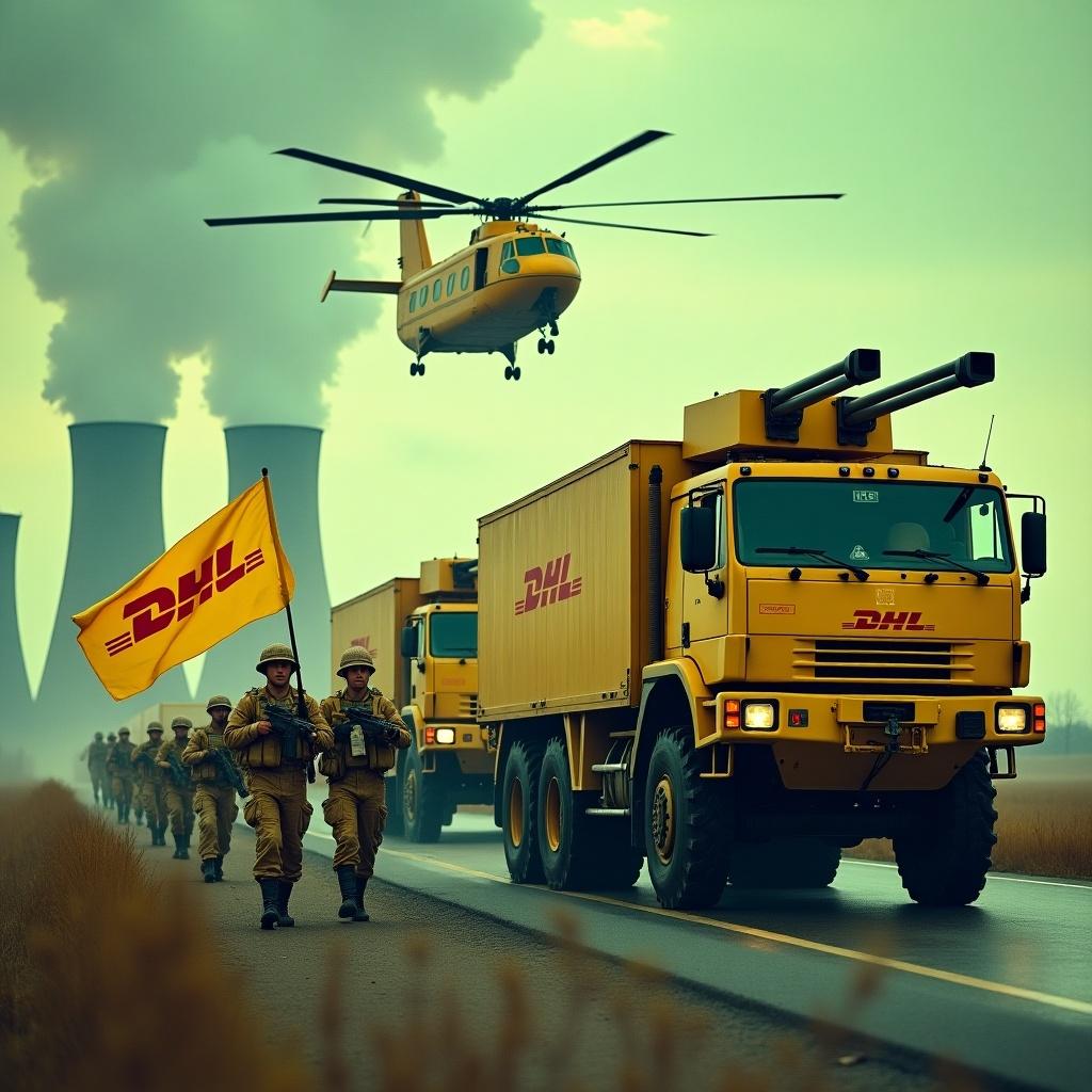 Dramatic scene with large yellow armored trucks displaying DHL logo at a road checkpoint. Soldiers in yellow uniforms march holding rifles and a flag with DHL logo. Background includes smokestacks of a nuclear power plant with a green sky. A Chinook CH-47 helicopter flies above.