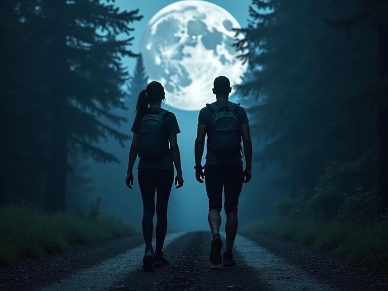Two figures walk on a dirt road surrounded by trees at night. The full moon shines brightly above them. They look up at the starry sky. They wear technical sportswear. The scene has a serene and magical atmosphere.