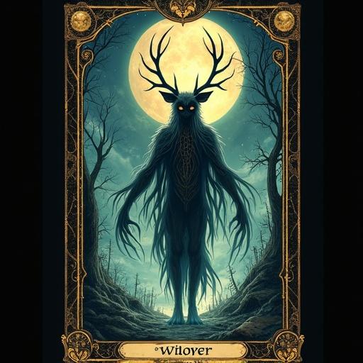 Original Tarot card with an otherworldly creature. Central figure is a fusion of myth and invention. Creature has animalistic and spectral traits. Surrounding environment is a twilight forest or ruins. Rich in symbolism with a surreal palette and ornate border. Custom name like 'The Whisperer'.