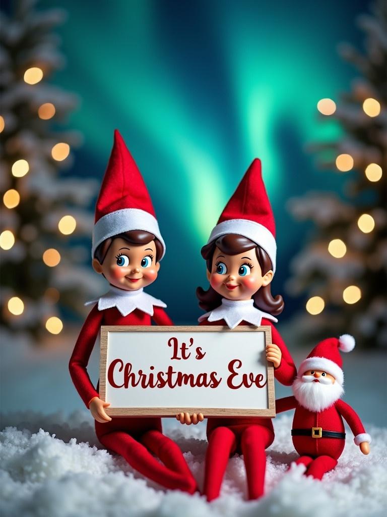 Image features cheerful boy and girl Elf on the Shelf characters holding a sign that says 'It's Christmas Eve'. They are in traditional Christmas colors. The background has twinkling lights and snow-covered trees. Magical northern lights illuminate the sky. A friendly Santa figure is nearby. The scene creates a warm and cheerful Christmas atmosphere.