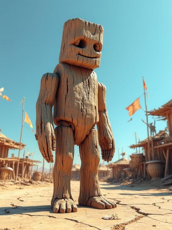 A hyper-realistic 3D render of a humanoid figure made from timber. The figure stands in a post-apocalyptic environment. The wood shows signs of aging with splinters and cracks. The head resembles a log with tree rings and chipped bark. The features are exaggerated and worn. The figure holds a fractured wooden object. The surroundings depict remains of a market with collapsed structures and torn flags. The scene is illuminated by a bright sky, but has a heavy, haunting feel.