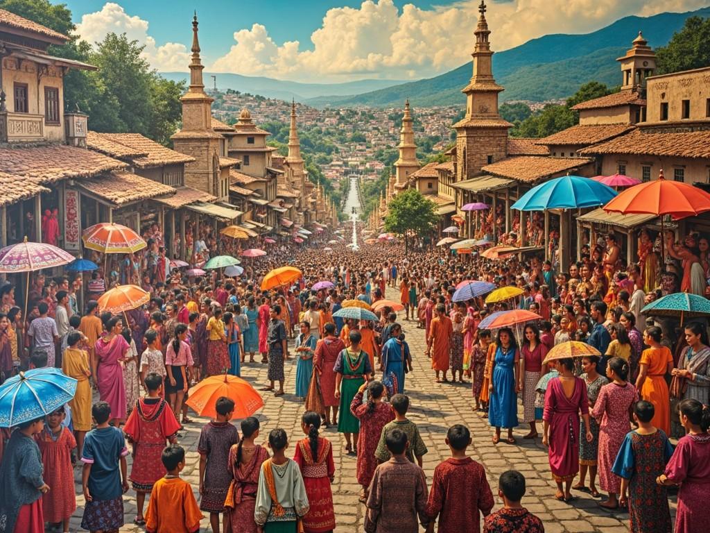 A bustling street filled with people holding colorful umbrellas, set in a historical town with traditional architecture.