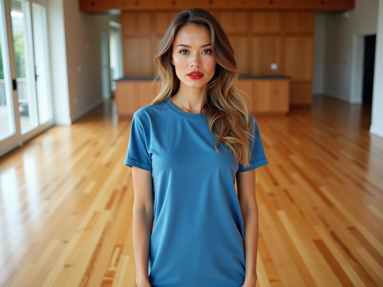 A woman is standing in a spacious room with a shiny wooden floor. She is wearing a blue tee shirt dress and has long, flowing hair. The room features large windows that let in natural light, enhancing the warm tones of the wood. Her makeup is flawlessly applied, with striking red lipstick that adds to her vibrant look. She appears confident and stylish in her outfit, complementing the modern aesthetic of the space.