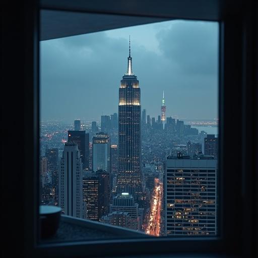 A glass skyscraper in a dark city scene. The Empire State Building is prominently featured. The image is framed by a window. The lighting is dim with the city lights glowing. Views of other buildings can be seen in the background.