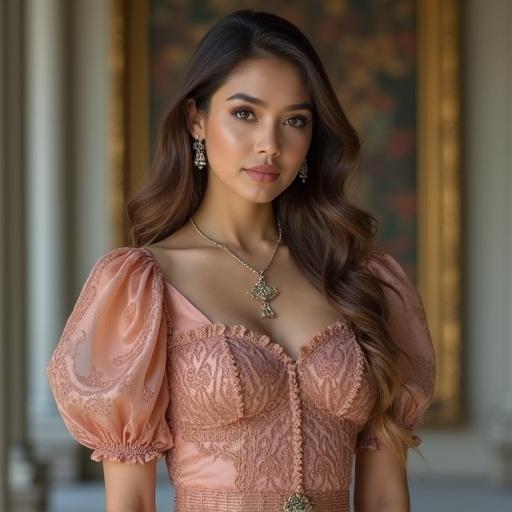 Model in elegant attire showcasing silver bracelet and jewelry. Soft lighting enhances features. Warm color palette suggests luxury.