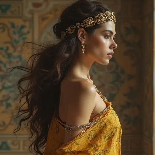 Woman in ancient Greece depicted in an elegant and dramatic manner. Clothing is bold and lustrous. Soft lighting enhances the profile.