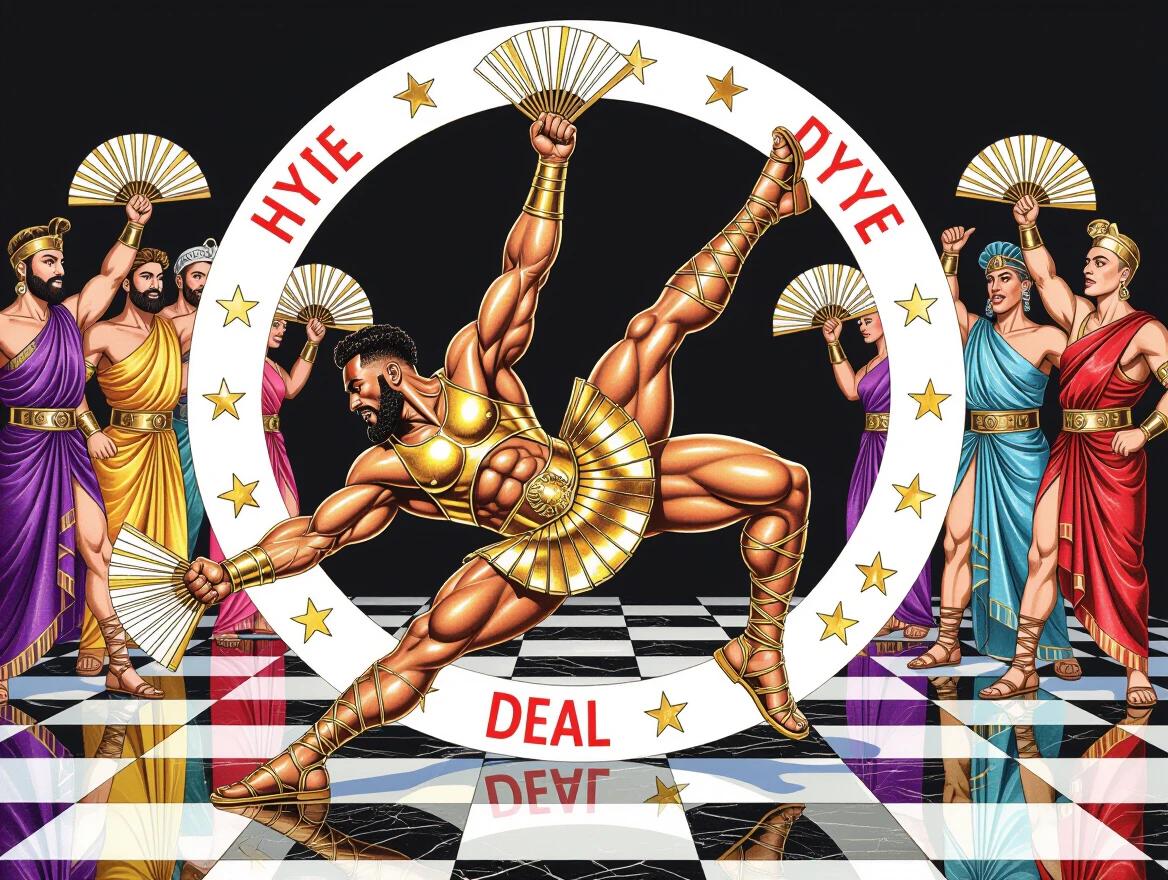 A vibrant colored-pencil illustration depicts Hercules in a dramatic pose on a checkerboard floor. He wears a gold crop top and gladiator skirt. His body is low, one leg extended. Encircling him are hype men in classic Greek attire with fans and '10' plaques. Their expressions show awe, blending mythology and queer culture in a colorful scene.