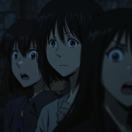 Several blurred shadows are visible in darkness. Close-up of people with anxious expressions.