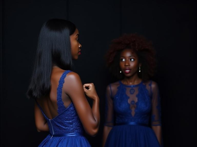 Backstage at a cultural event with two sisters. One sister in blue lace gown stands in the shadows. The other sister dances in the same gown. Dark moody lighting creates suspense. Location is Eko Hotel in Lagos.