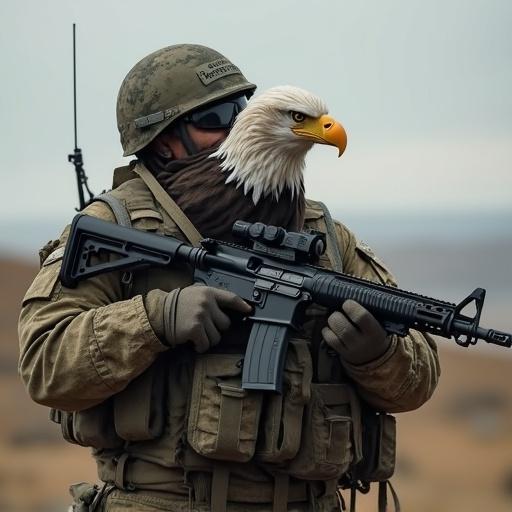 Eagle combined with a marine soldier holding rifles. The character embodies strength and symbolism of freedom.