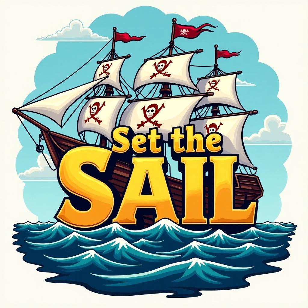 Vibrant illustration with a classic pirate ship with white sails. Prominent Jolly Rogers on sails. Dynamic ocean backdrop. Large bold lettering of 'Set the Sail'. Golden-yellow text contrasts with deep blue sea. Adventurous whimsical feel that evokes classic pirate tales.