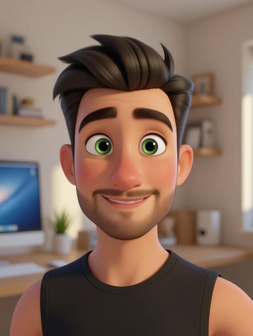 3D Disney Pixar-style male character is shown in a half-body portrait. Character faces front with a slight smile. He wears a black sleeveless shirt. Features short dark hair green eyes and a trimmed beard. Skin is slightly tanned. Background features a cozy home studio with a computer desk and shelves and soft lighting. Natural selfie composition with realistic shadows and Pixar aesthetics.
