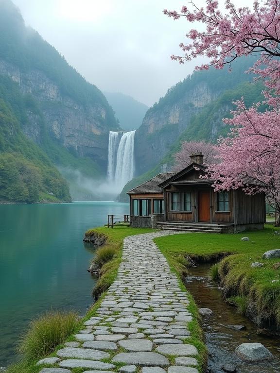 Cottage located next to a calm lake surrounded by vibrant green mountains. Waterfall flows in the background with mist. Cherry blossom trees bloom nearby. A stone path winds through clear water, enhancing the peaceful rural scene.