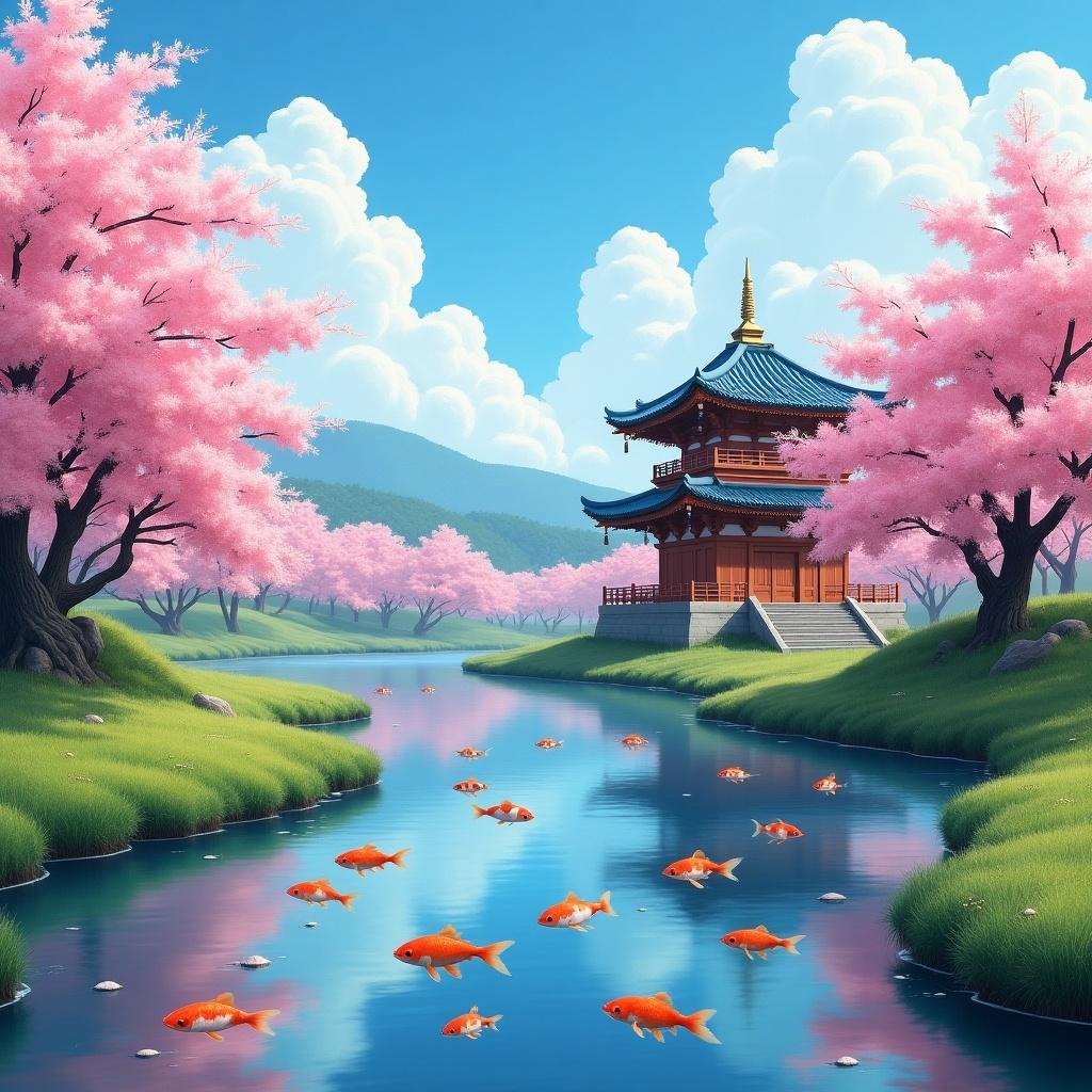 Tranquil Japanese landscape. Traditional pagoda surrounded by cherry blossoms. Serene water body with goldfish. Bright blue sky with fluffy clouds. Peaceful nature atmosphere.