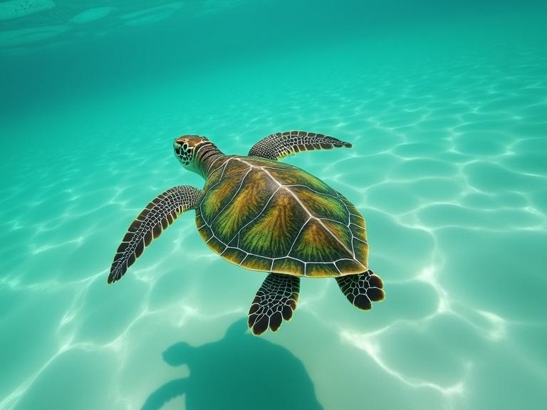 A green sea turtle glides over shallow turquoise water. Ripples of sand are visible below. Sunlight creates patterns on its shell.
