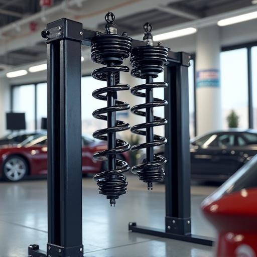 Detailed view of automotive suspension system. Two oversized black coil springs on a mounting frame inside a modern car showroom. Background shows sleek cars indicating a high-quality automotive setting.
