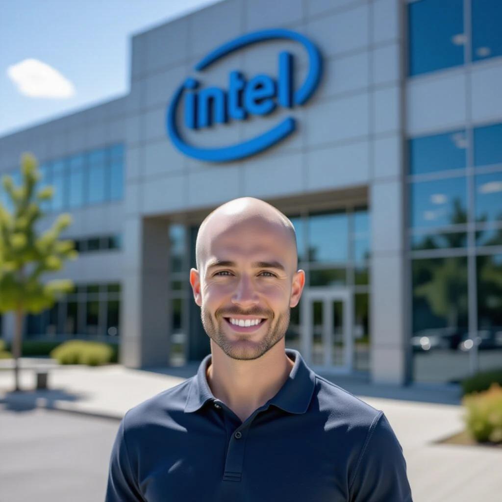 A skinny man stands outside Intel Corporation. He has blond hair and is bald. The scene is realistic and captured in bright sunlight. The Intel logo appears prominently in the background.