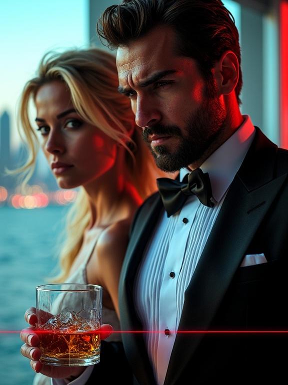 Split composition of a blonde woman with fierce expression and wind-blown hair. Background has a blurred Dubai skyline. Next to her, a Middle Eastern man in profile wearing a tuxedo, holding a tumbler of whiskey. A red laser sight is aimed at his chest. Image has sharp contrast in lighting with cool tones and neon accents. Style inspired by a modern spy movie poster, in 3:4 portrait.