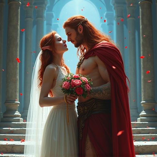 A passionate moment between a couple is captured in a semi-realistic style. The woman has ginger hair and wears a flowing wedding dress holding a bouquet. The man is a tall, strong elf with long crimson hair and an open red outfit. They are positioned against grand temple stairs with blue lighting. Red petals fall around them, creating a magical atmosphere. The scene evokes deep emotions of love and romance.