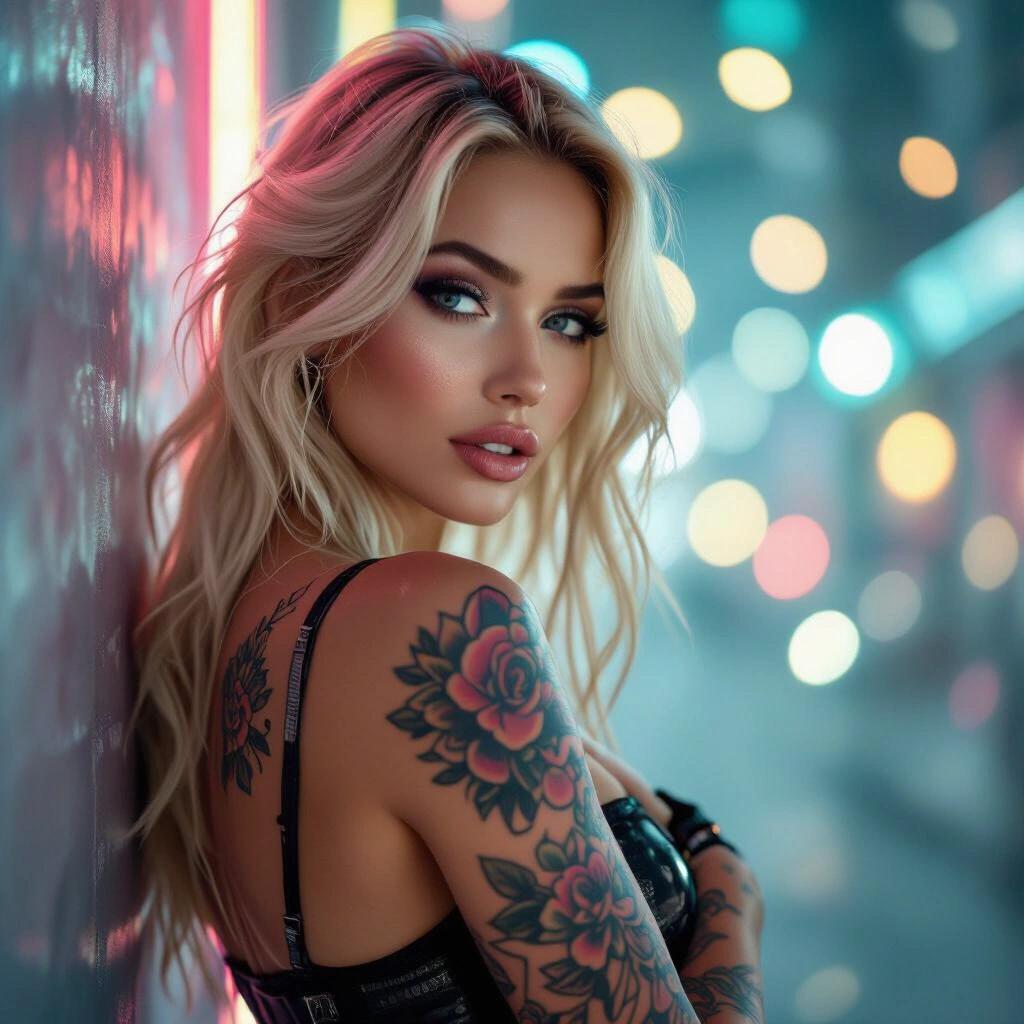 album cover featuring a blonde cyber babe with an artistic pose tattoo Soft colorful lighting Bokeh effects in the background Glamorous styling creating a dreamy atmosphere