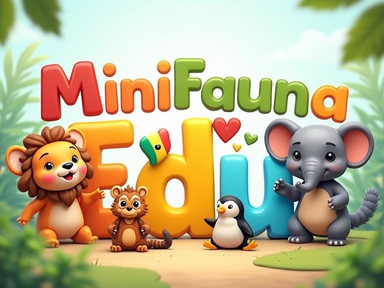 YouTube banner featuring 'MiniFauna Edu' text. Cartoon baby animals around the text. Animals from various countries depicted. Pastel jungle background with bright colors. Design optimized for mobile display.