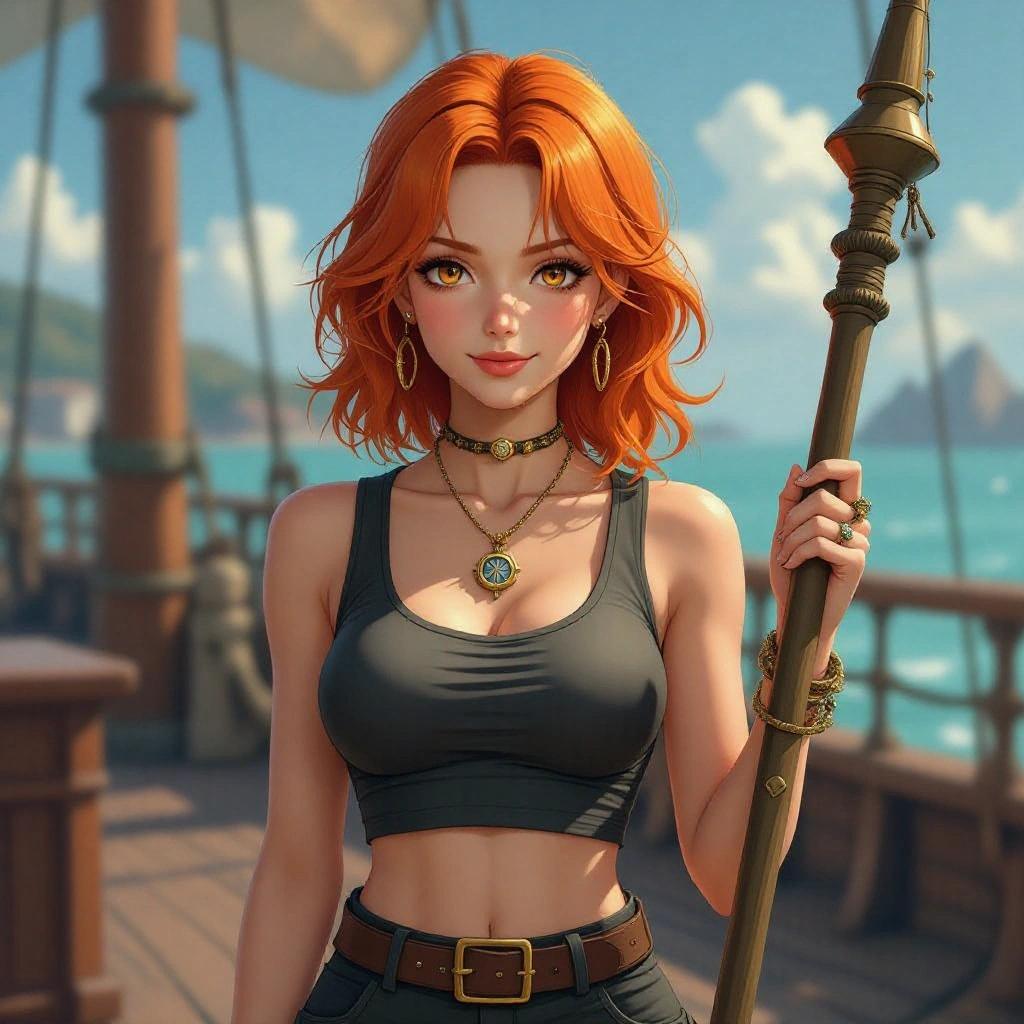 A hyper-realistic portrait of a woman inspired by Nami from anime. She has vivid orange hair in waves and amber eyes. A confident smile. Wears a sleeveless crop top and fitted pants with nautical accessories. Holds a modern weather staff. The setting is a bright ship deck or harbor. Realistic skin and textures with cinematic lighting.