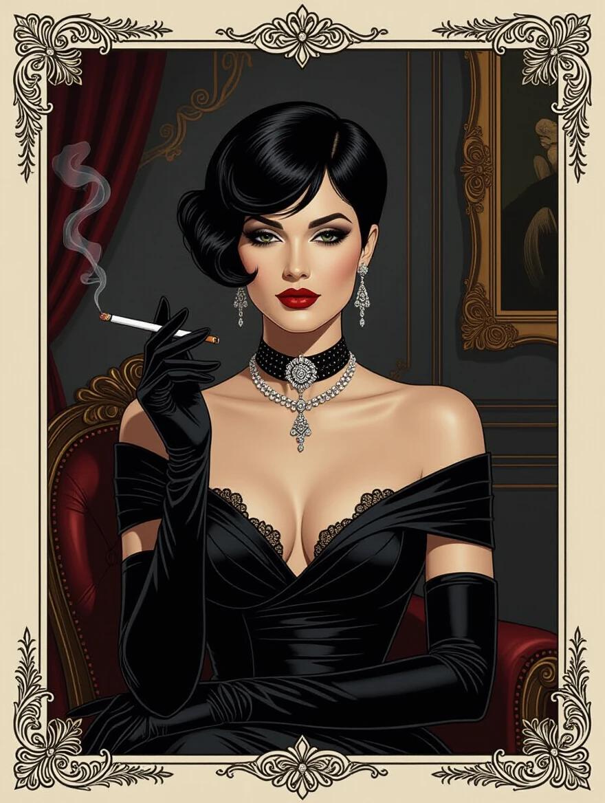 An oil portrait features a stylish woman wearing ornate black modern formalwear. She holds a cigarette holder and is in a dimly lit mansion room. The overall tone is dark and mysterious. There is an Art Nouveau border surrounding the portrait.