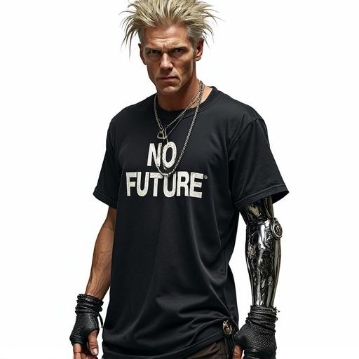 A fantasy illustration of a cyberpunk man. The character has spikes for hair. He wears a black sleeveless worn shirt. The shirt has "NO FUTURE" printed on it. One arm is chrome-plated with visible electronic components. The background is plain white. The illustration is hyper-realistic.