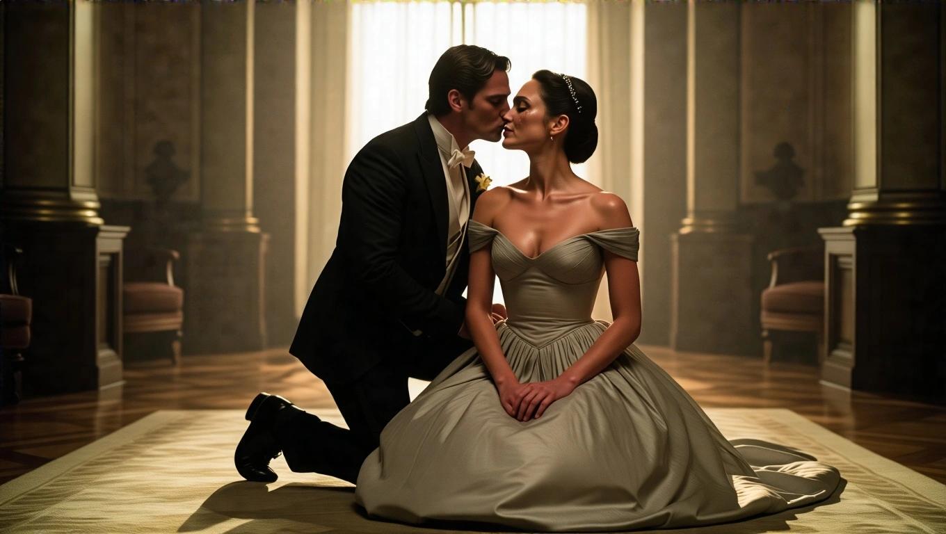 Elegant couple in a luxurious ballroom, woman in a gracefully designed ballgown kneeling. Man kissing her forehead. Dramatic lighting, hyper-realistic, soft shadows. Vivid and cinematic quality, suggesting deep emotions and connection.