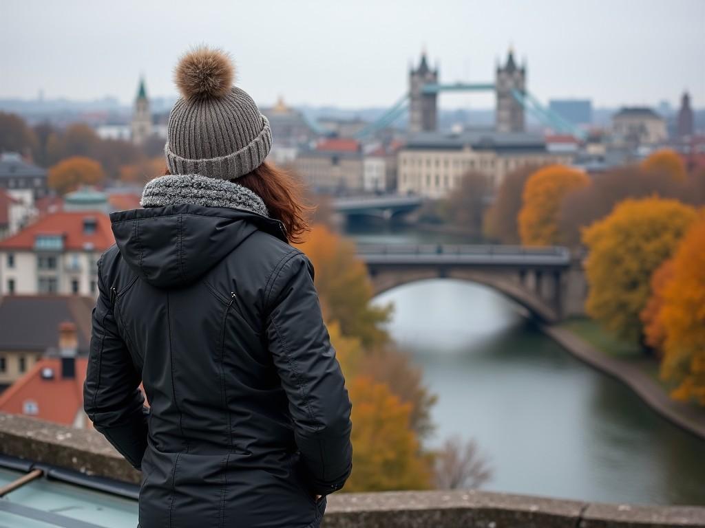 Woman standing on rooftop looking over city with autumn foliage and iconic bridge in background, wearing winter clothes