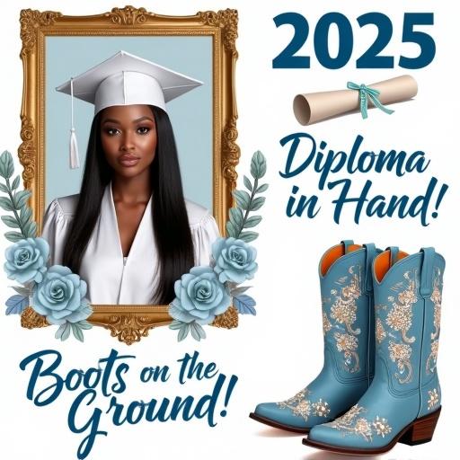 Confident beautiful Black woman in white graduation cap and gown stands proudly. She has sleek straight hair. Ornate golden picture frame surrounds her. Soft blue pastel flowers like roses and peonies are present. Year 2025 in bold blue letters above. Phrase 'Diploma in Hand!' in large stylish blue and white text with rolled diploma graphic below. Elegant blue embroidered cowgirl boots with pearls flowers and graduation cap sit next to 'Boots on the Ground' in bold blue lettering.