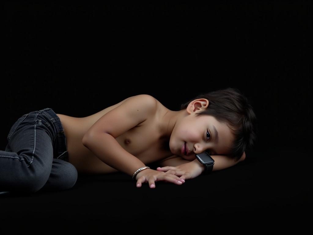 A young boy is lying on his side against a black background. He has a relaxed posture with one arm wrapped around his body. He is wearing dark jeans and has a watch on his wrist. His skin tone is light, and he appears to be in a calm state. The image captures a moment of tranquility and innocence.