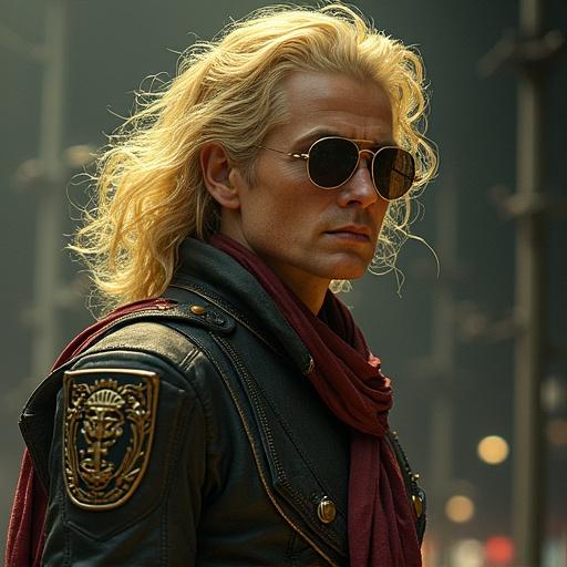 Character with blonde hair in a leather jacket and sunglasses. Looking confident in a city setting. Strong lighting and dramatic effects.