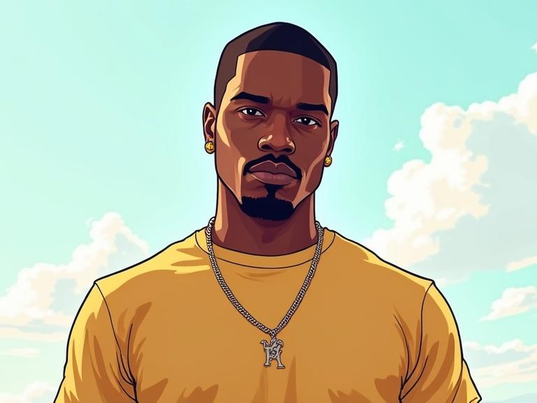 Confident Black male rapper in Grand Theft Auto video game style. Full frontal view with bright sunlight. Wearing solid yellow t-shirt without accessories. No background present. Highly detailed and vibrant digital illustration in cartoonish style.