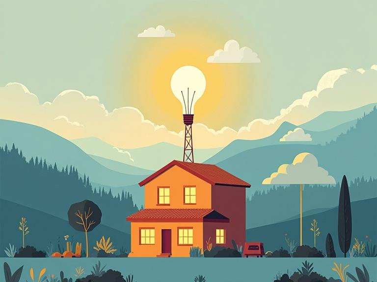 Minimalist illustration of a house with blue arrows symbolizing air exchange. Bright light bulb on top representing energy intelligence.