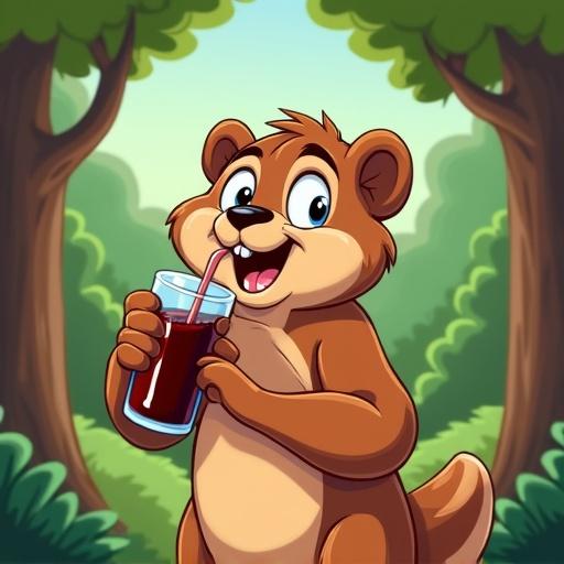 Vector image of animated bear in the forest enjoying a drink.