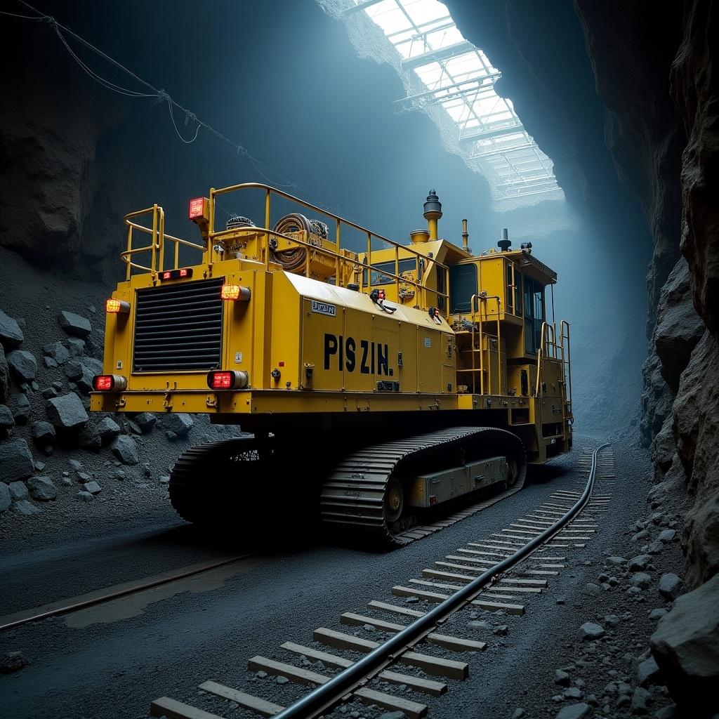 A yellow electric mining machine in a coal mine tunnel. Machine has a power cable alongside. The environment is dark with light filtering from above. Tracks lie beneath the machine.