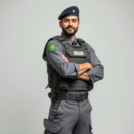 A full-body hyper-realistic photo of a Saudi officer in gray uniform. The officer stands confidently with arms crossed. The uniform includes a tactical vest and clean belt. The background is neutral and clean. Logo patch is visible on the uniform.