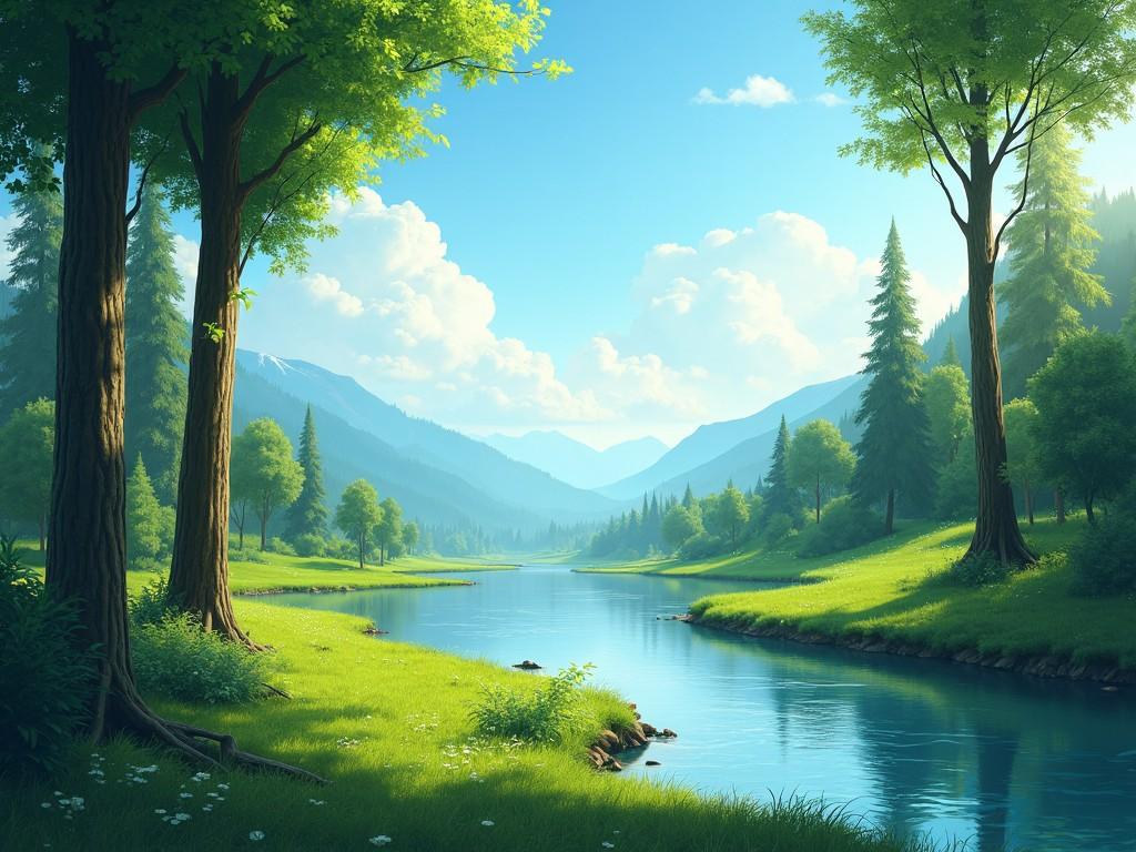 This image depicts a serene nature scene filled with lush greenery and tall trees. The clear blue sky adds to the peaceful vibe, while gentle sunlight filters through the leaves. A gentle river flows through the landscape, beautifully reflecting the sky and surrounding trees. In the background, distant mountains rise, wrapped in soft clouds. Overall, this scene creates a calming and inviting atmosphere that evokes a sense of tranquility.