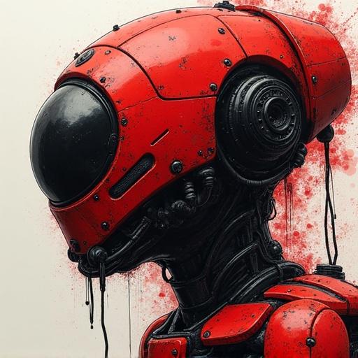Close up view of a futuristic surveillance drone. Drone features a red and black color scheme. The design is inspired by biomechanical aesthetics. Ink painting style enhances details and textures.