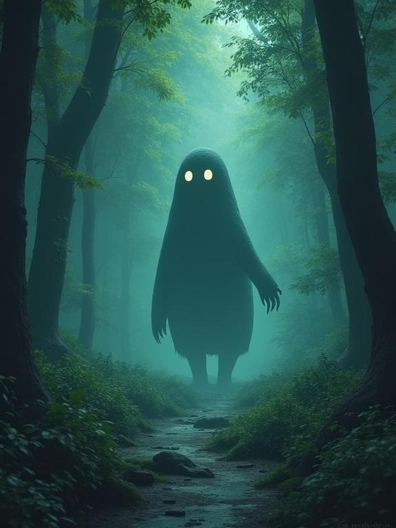 Wallpaper image for medium phone. Creepy figure in dark forest. No vegetation, no people, no animals. Inspired by Studio Ghibli style.
