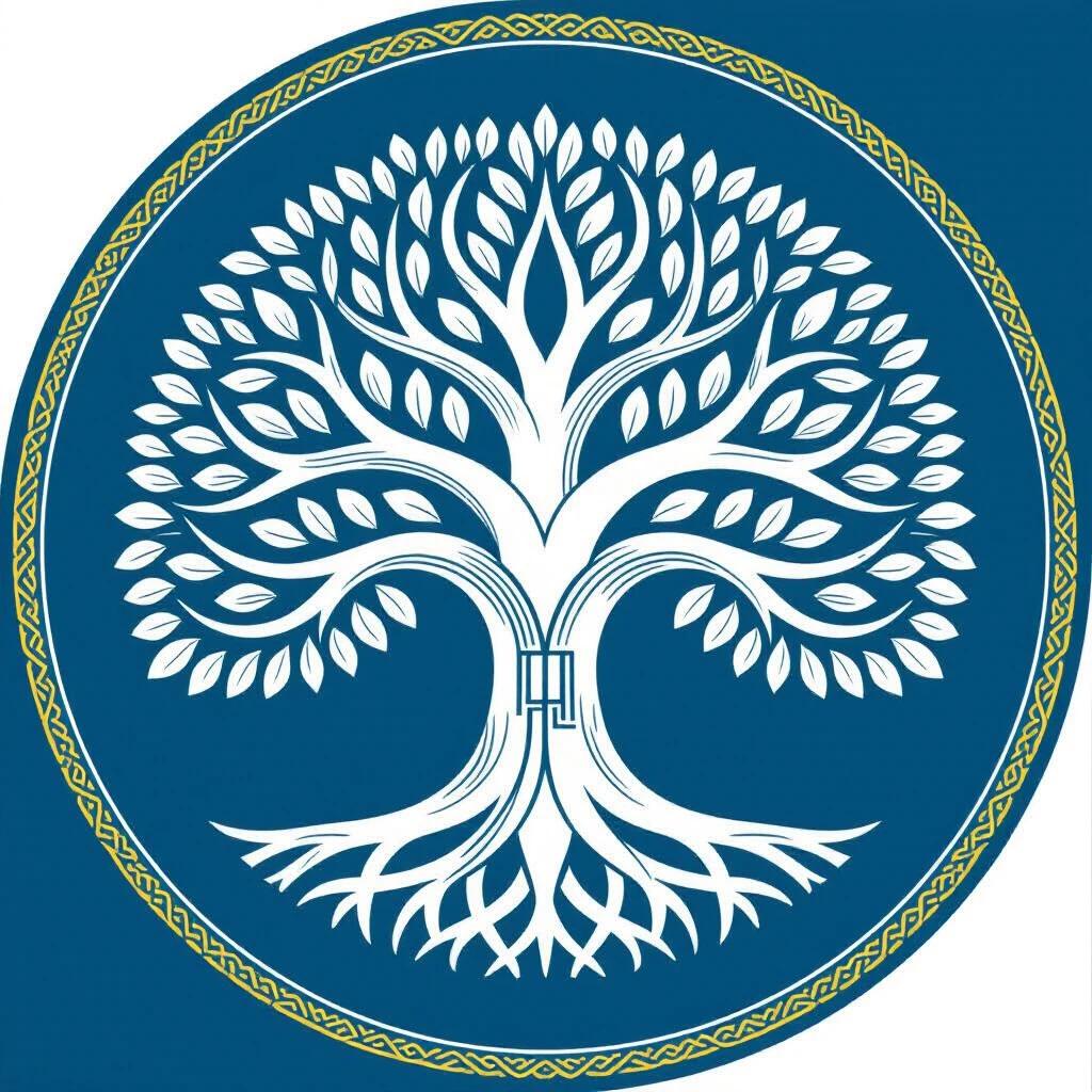 Logotipo de uma arvore branca de Yggdrasil com simbolos de tecnologia. As cores incluem azul, amarelo, e verde. Arvore simbolizando crescimento e conectividade.