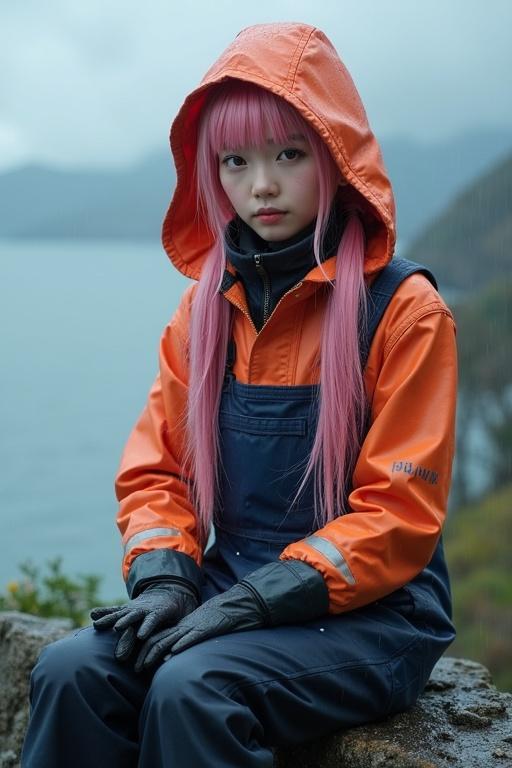 Young woman with long pink hair wearing a fisherman's uniform. She has attractive brown eyes. Sits on a cliff looking at the sea. It's raining heavily with storm clouds in the background. Hair and clothes are soaked.
