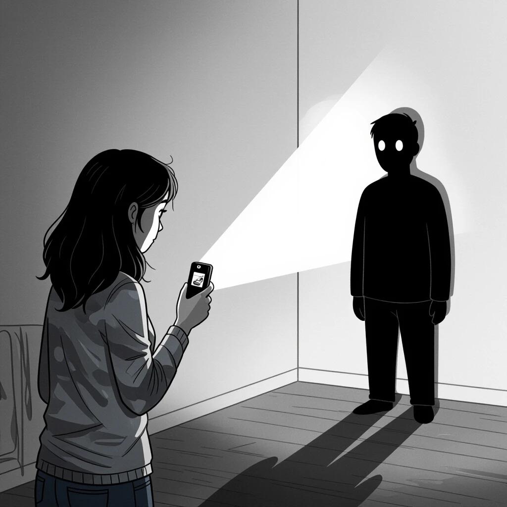 Ayesha stands in a dark room holding a phone with the flashlight on. A dark shadow is in the corner. Emotion shifts from confusion to dread.