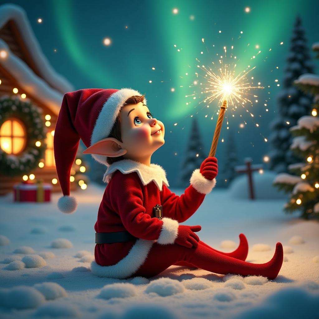 An elf sits with back to viewer. Elf gazes skyward. Elf holds glowing wand. Wand emits sparkling light. Background shows Christmas scene. Northern lights are visible. Cozy house is decorated for holidays. Ground is covered in snow. Elf is in playful position. Scene embodies holiday magic. Two elves are featured. Snow enhances festive mood. Christmas lights twinkle around. A wreath and a wrapped gift box are present. Elves wear red outfits and hats. They radiate warmth and joy. Name Elysia is magically written.