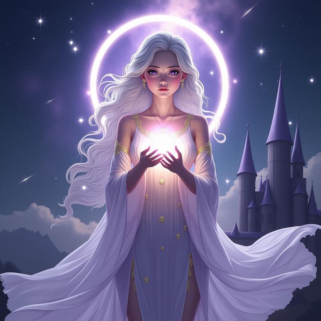 A young woman appears as a celestial being or sorceress. She has long silver hair and violet eyes. She wears a flowing white and lavender robe with gold accents. The background features a dark sky with purples and blues. A celestial ring hovers above her. Towers resembling spires are in the backdrop. Elements depict a cosmic theme with shooting stars and gem-like objects orbiting her.