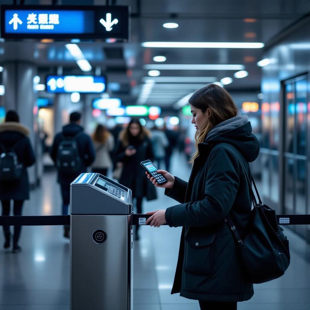 A minimal scene at a modern metro station gate. A person stands at the turnstile holding an old keypad phone awkwardly towards a digital scanner. Others pass through effortlessly with smartphones. Background is sleek and urban. Elements suggest the person isn’t old-fashioned. Soft lighting and cool color palette enhance a sense of loss and isolation.