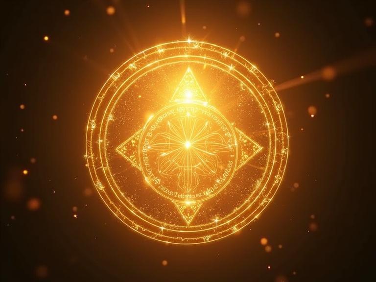 Glowing emblem representing Enoch’s story with intricate symbols. The design is illuminated with golden tones against a dark background.